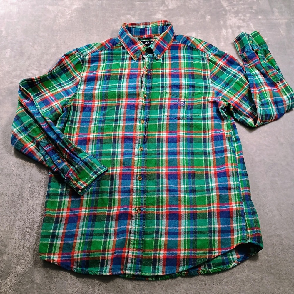 Chaps Flannel Shirt Mens Medium Green Plaid Brushed Long Sleeve Button Up Casual